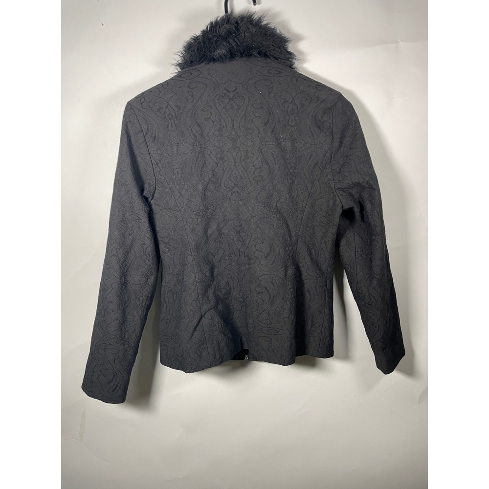 Y2K Black Paisley‎ Textured Jacket Faux Fur Collar Full Zip Small Cheetah Girl - Picture 4 of 7